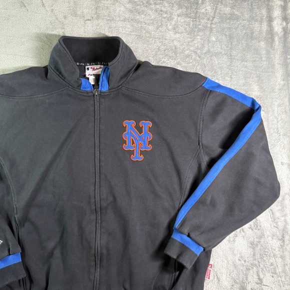 VTG Majestic Mets MLB Track Jacket Full Zip Baseball Black Blue Mens Size L READ